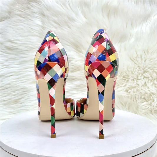 Women  Multi-Color Plaid Print  Pointy Toe Side Cut  High Heel  Fashion Designer  Slip On Stiletto Pumps shoes