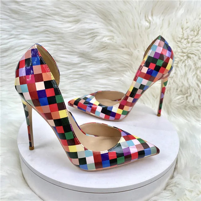 Women  Multi-Color Plaid Print  Pointy Toe Side Cut  High Heel  Fashion Designer  Slip On Stiletto Pumps shoes