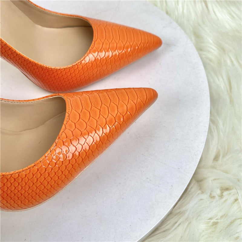 Women Orange snake patterned socialite high heels pointed toe thin heels, fashionable and sexy shallow mouth Shoes