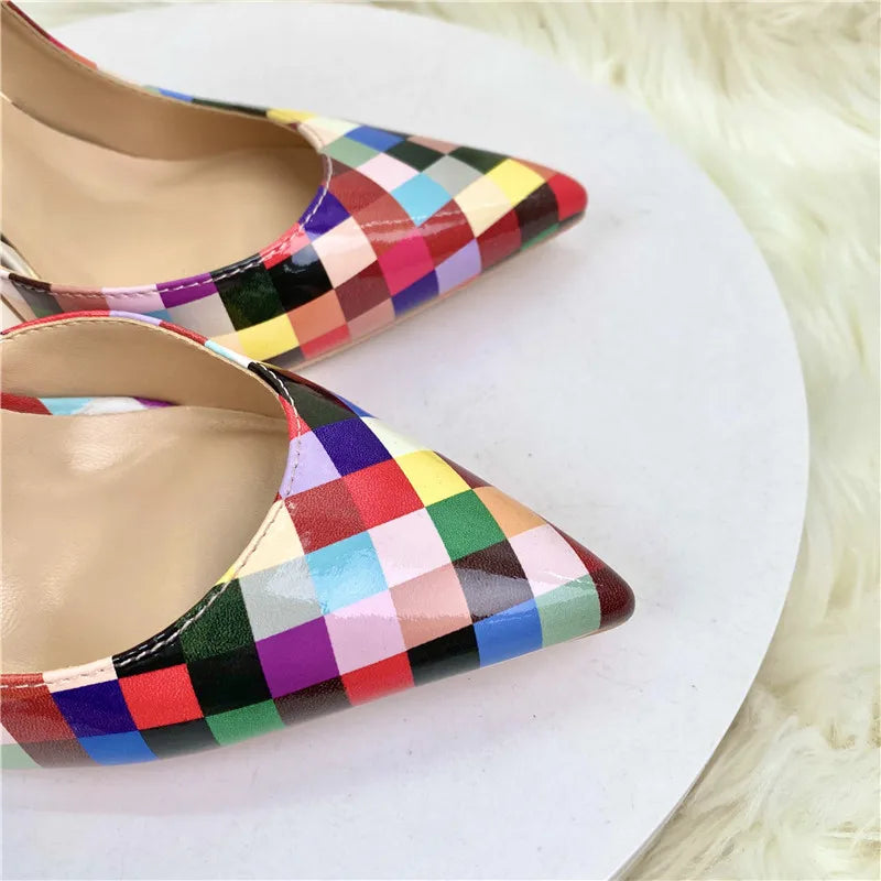 Women  Multi-Color Plaid Print  Pointy Toe Side Cut  High Heel  Fashion Designer  Slip On Stiletto Pumps shoes