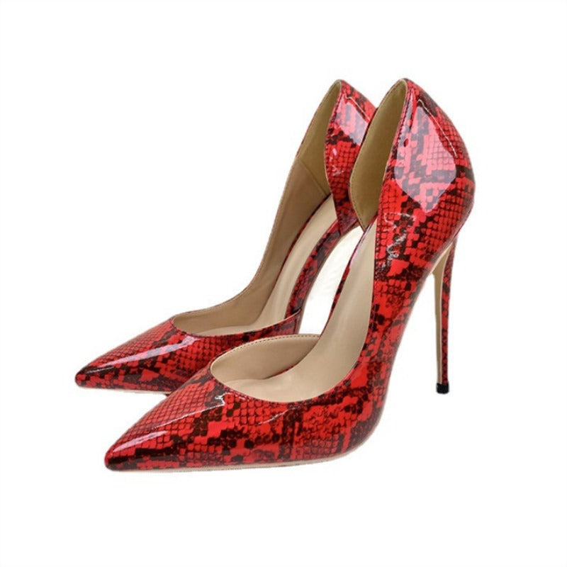 Women Red snake patterned socialite high heeled with pointed toe, slim heel, shallow mouth, side air single shoe
