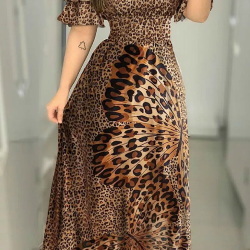 Women Boho Leopard Off Shoulder Ruffle Sleeve Summer  Sexy Strappy Slash neck Vestido Long Sundress Party Dresses