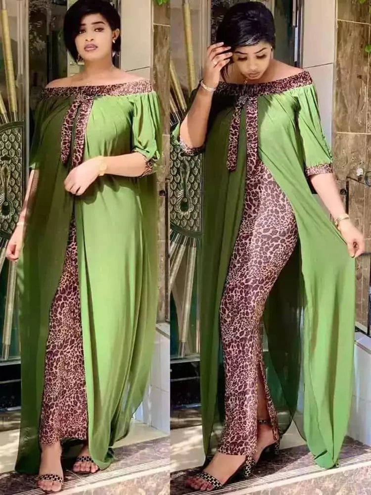 Women Autumn Sexy Leopard Printed Dashiki  Dresses for  Party Half Sleeve Slash Neck  dress