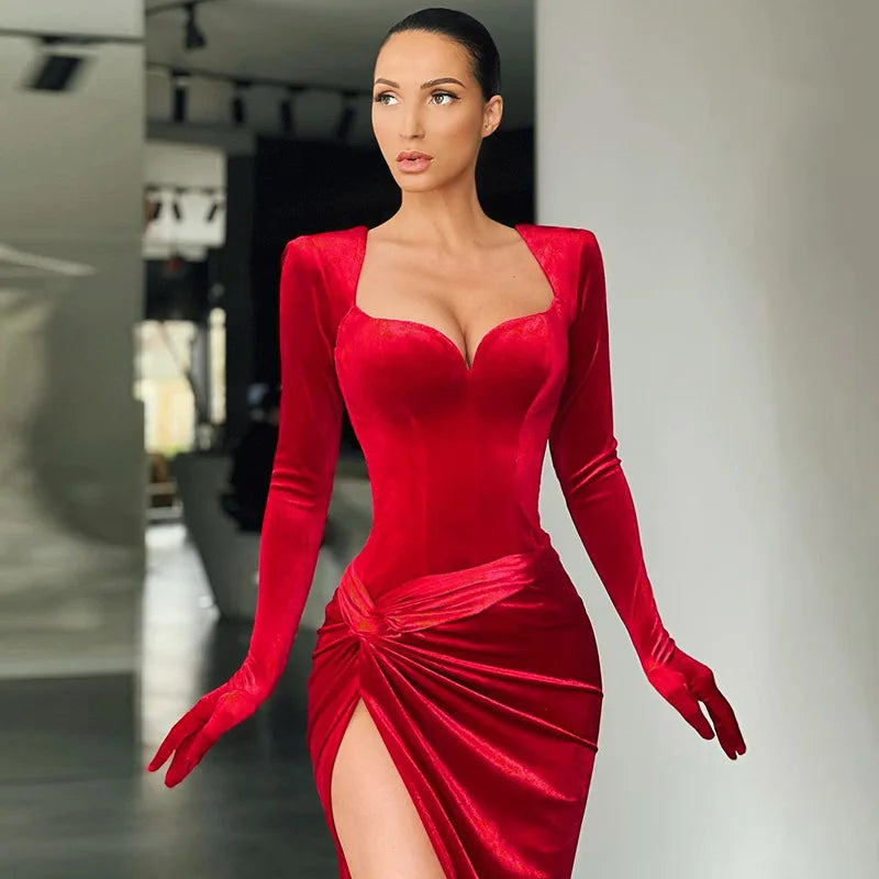 Women GACVGA Elegant Long Dress Evening Party Gown Outfits  Gloves Sleeve Red Velvet Sexy Slit Maxi Dresses Bridesmaid Vestidos