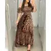Women Boho Leopard Off Shoulder Ruffle Sleeve Summer  Sexy Strappy Slash neck Vestido Long Sundress Party Dresses