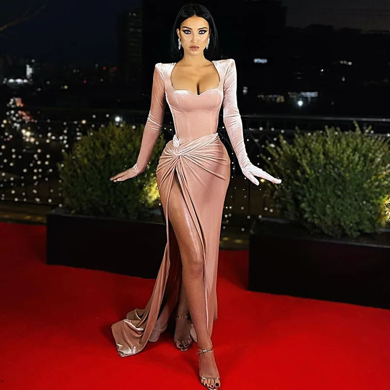 Women GACVGA Elegant Long Dress Evening Party Gown Outfits  Gloves Sleeve Red Velvet Sexy Slit Maxi Dresses Bridesmaid Vestidos
