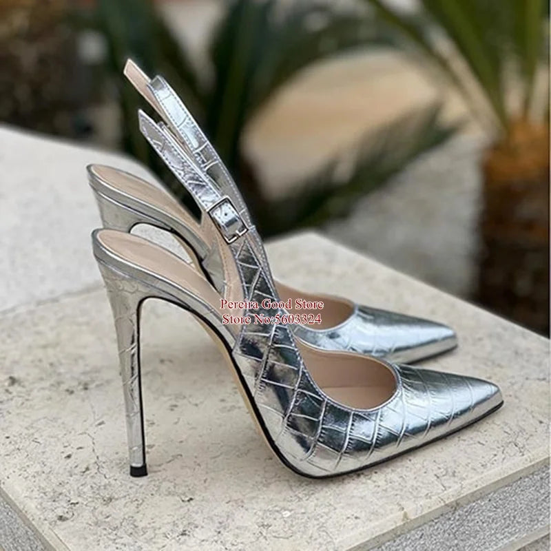 Women Yellow Snakeskin Slingback Pumps Pointy Toe Shallow Stiletto Heels Dress Shoes Cut-out Heels  Shoes 12Cm 10Cm 8Cm