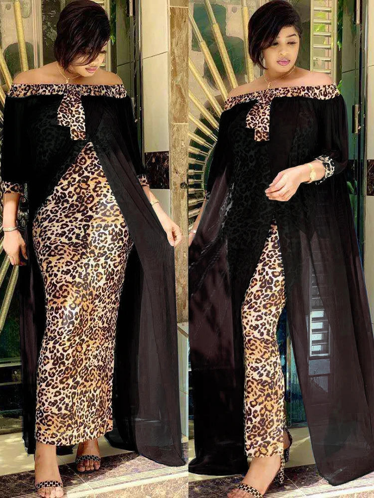 Women Autumn Sexy Leopard Printed Dashiki  Dresses for  Party Half Sleeve Slash Neck  dress