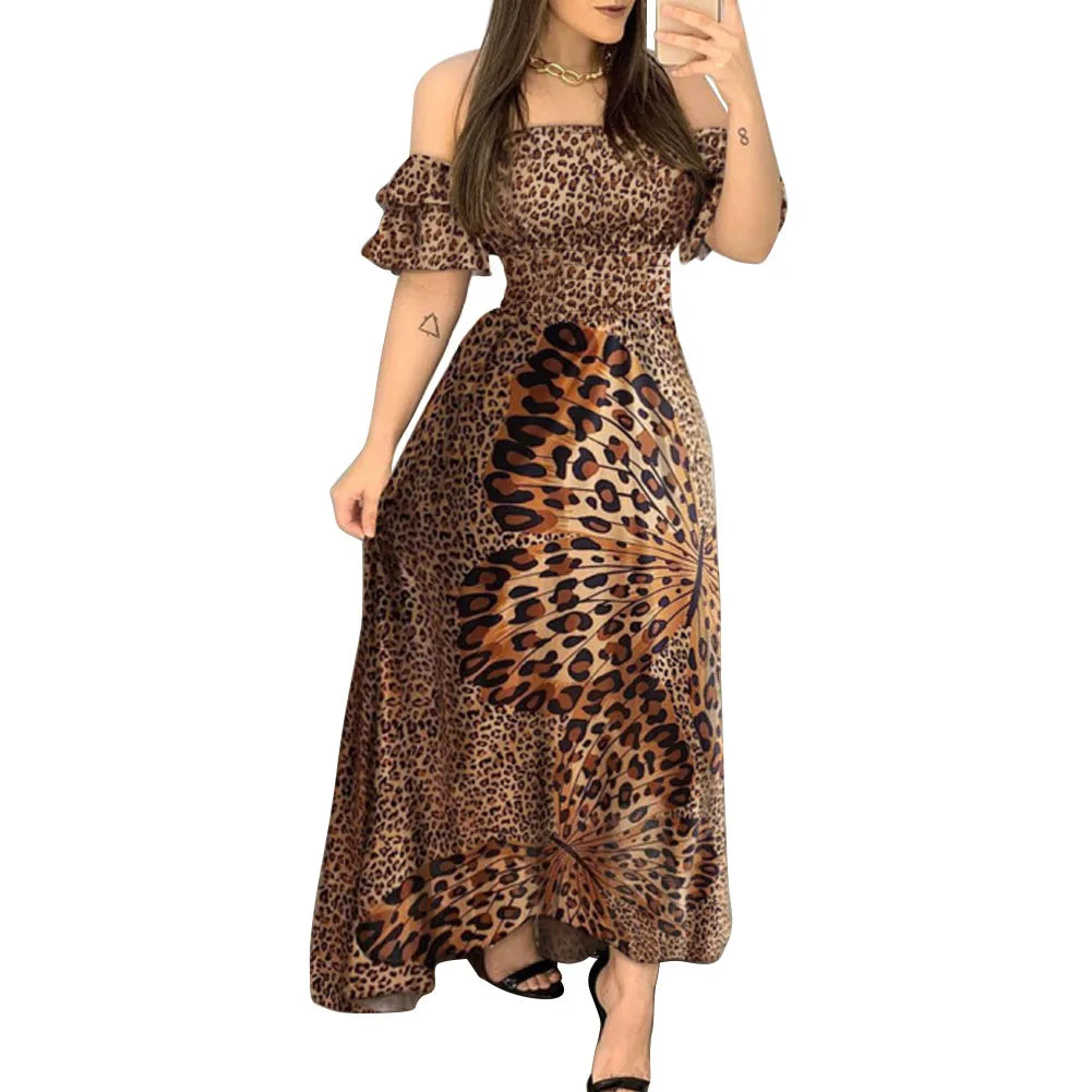 Women Boho Leopard Off Shoulder Ruffle Sleeve Summer  Sexy Strappy Slash neck Vestido Long Sundress Party Dresses