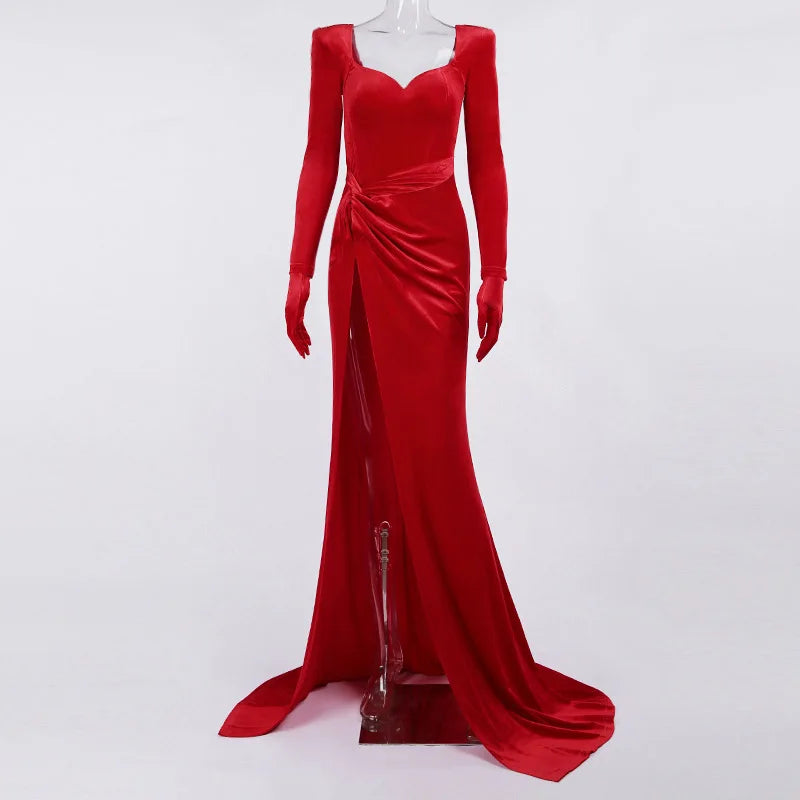 Women GACVGA Elegant Long Dress Evening Party Gown Outfits  Gloves Sleeve Red Velvet Sexy Slit Maxi Dresses Bridesmaid Vestidos