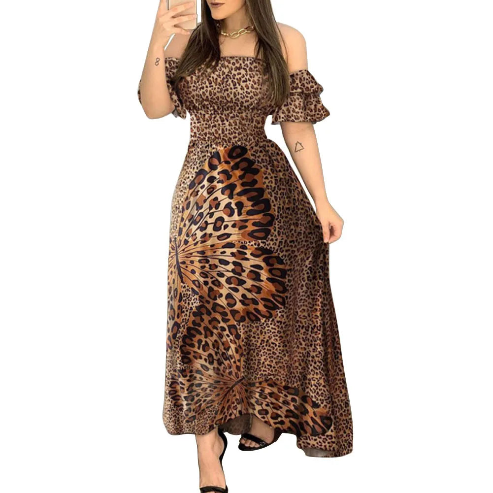 Women Boho Leopard Off Shoulder Ruffle Sleeve Summer  Sexy Strappy Slash neck Vestido Long Sundress Party Dresses