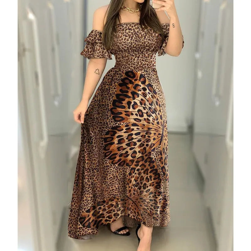 Women Boho Leopard Off Shoulder Ruffle Sleeve Summer  Sexy Strappy Slash neck Vestido Long Sundress Party Dresses