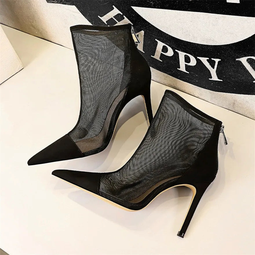Women elegant Black Perspective Sexy Pointy Toe Autumn Breathable Back Zipper high heel Ankle Boot