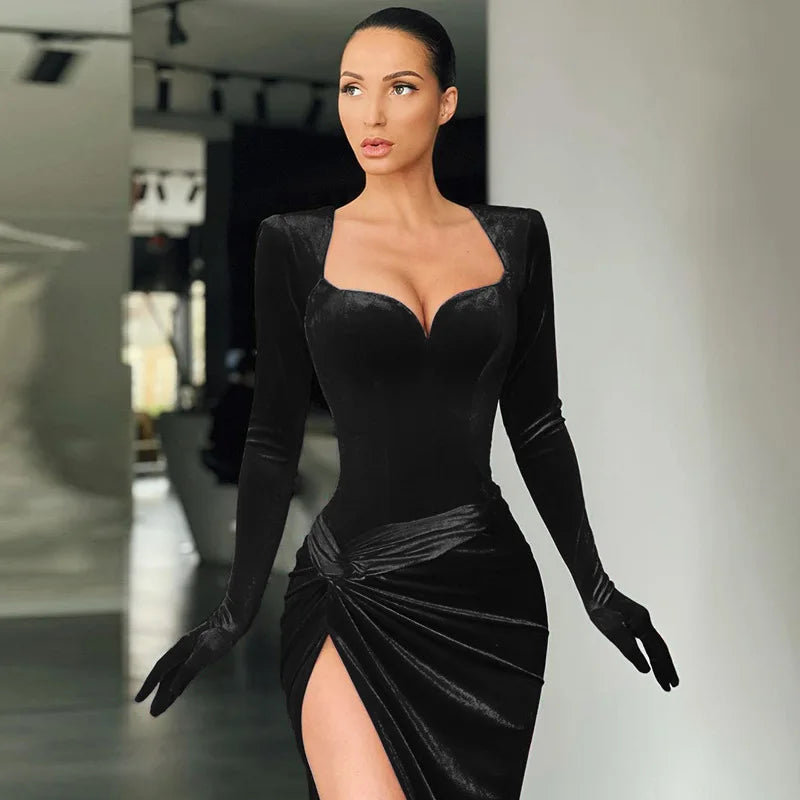 Women GACVGA Elegant Long Dress Evening Party Gown Outfits  Gloves Sleeve Red Velvet Sexy Slit Maxi Dresses Bridesmaid Vestidos