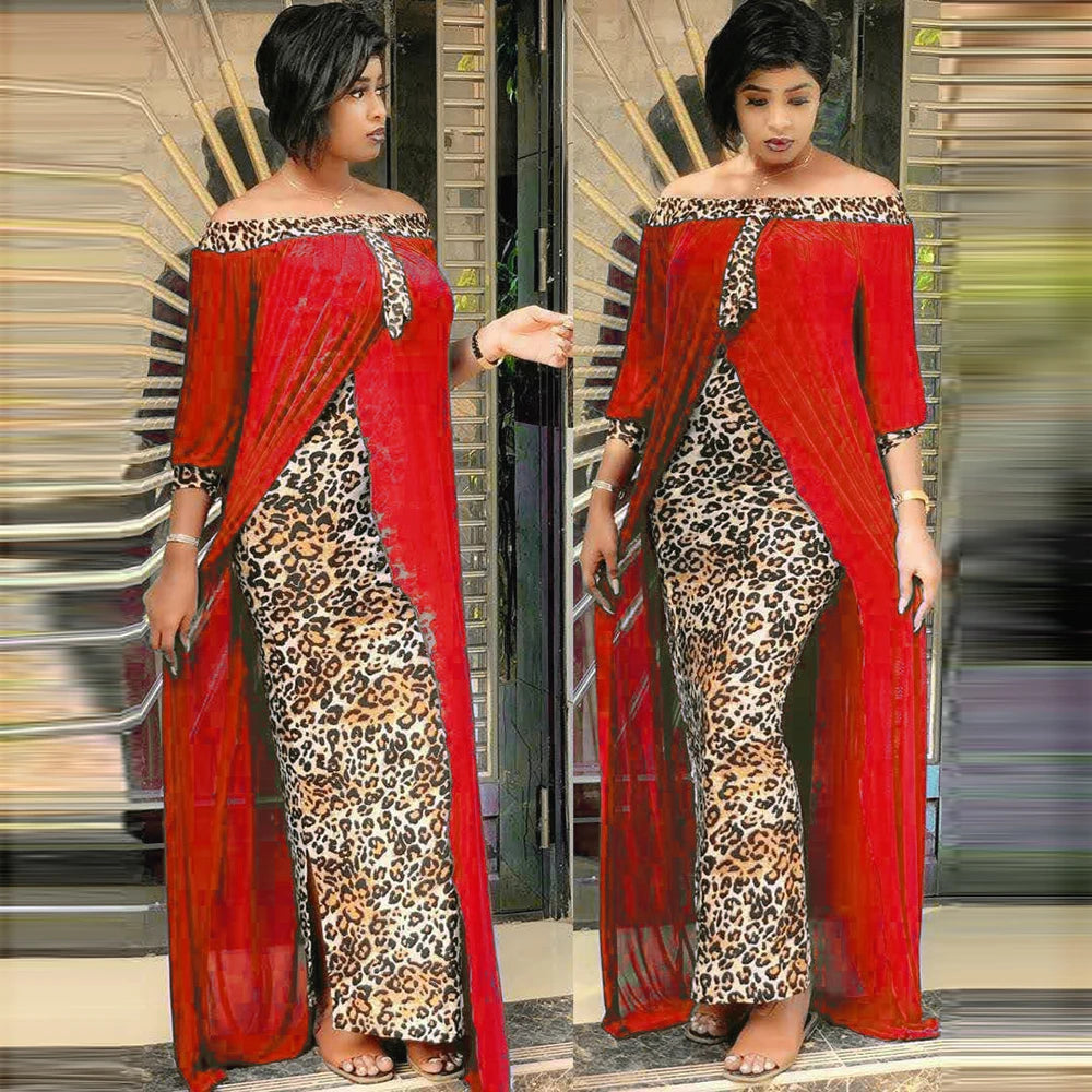 Women Autumn Sexy Leopard Printed Dashiki  Dresses for  Party Half Sleeve Slash Neck  dress