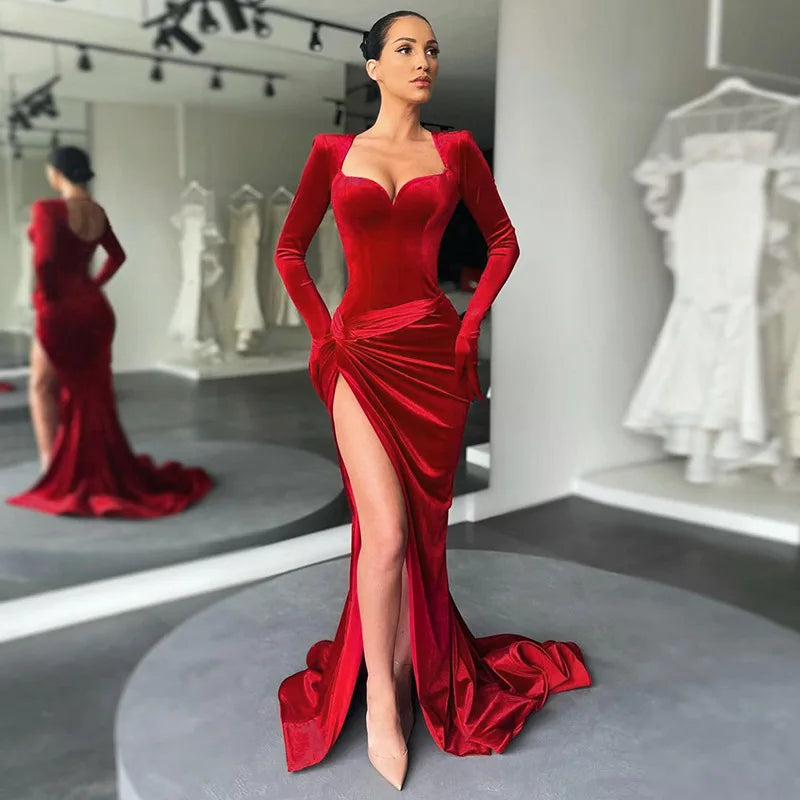 Women GACVGA Elegant Long Dress Evening Party Gown Outfits  Gloves Sleeve Red Velvet Sexy Slit Maxi Dresses Bridesmaid Vestidos