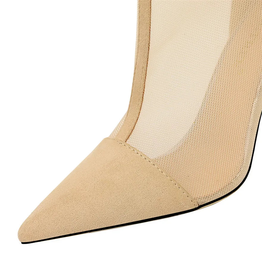 Women elegant Black Perspective Sexy Pointy Toe Autumn Breathable Back Zipper high heel Ankle Boot