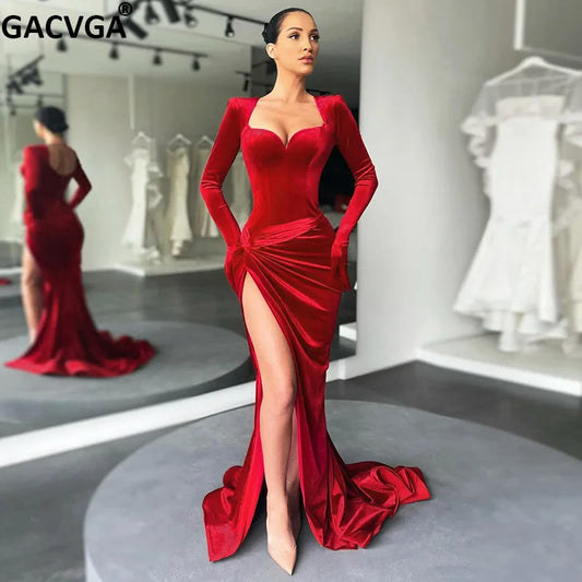 Women GACVGA Elegant Long Dress Evening Party Gown Outfits  Gloves Sleeve Red Velvet Sexy Slit Maxi Dresses Bridesmaid Vestidos