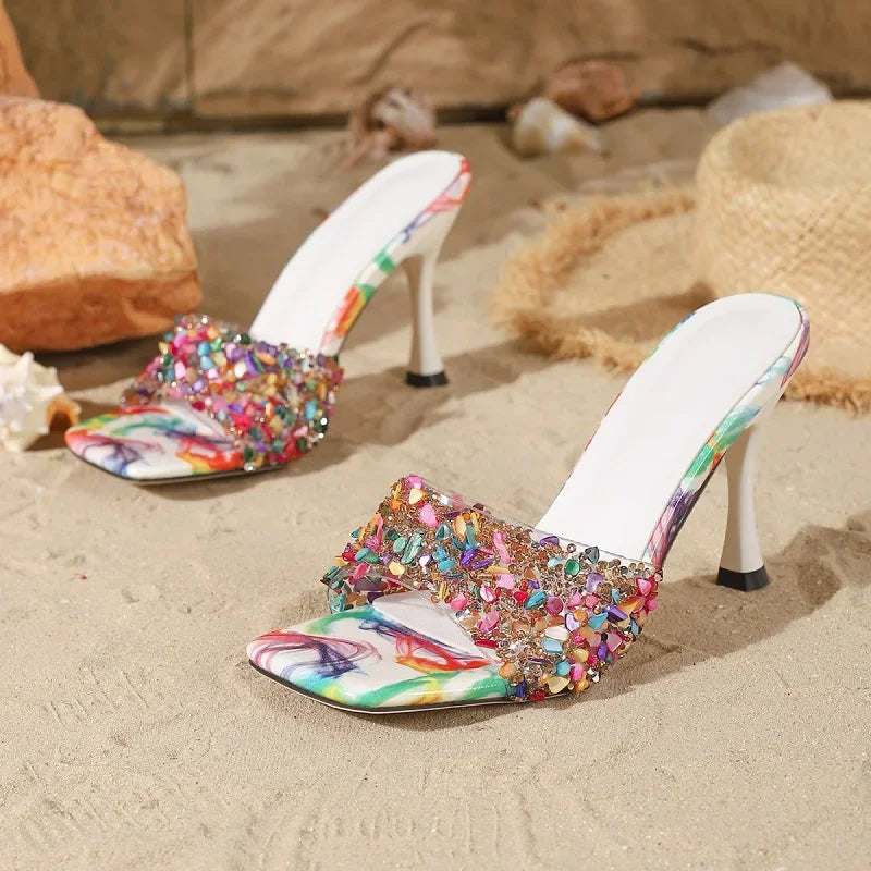 Women Summer Open Toe Colored Rhinestones Slippers  PVC Transparent Sexy Thin Heels Stripper Slides Shoes