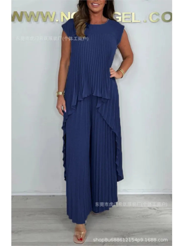 Women Summer Solid Casual Holiday Two Piece Sets Elegant Pleated Irregular O Neck Sleeveless Top + Wide-leg Pants Loose Outfits