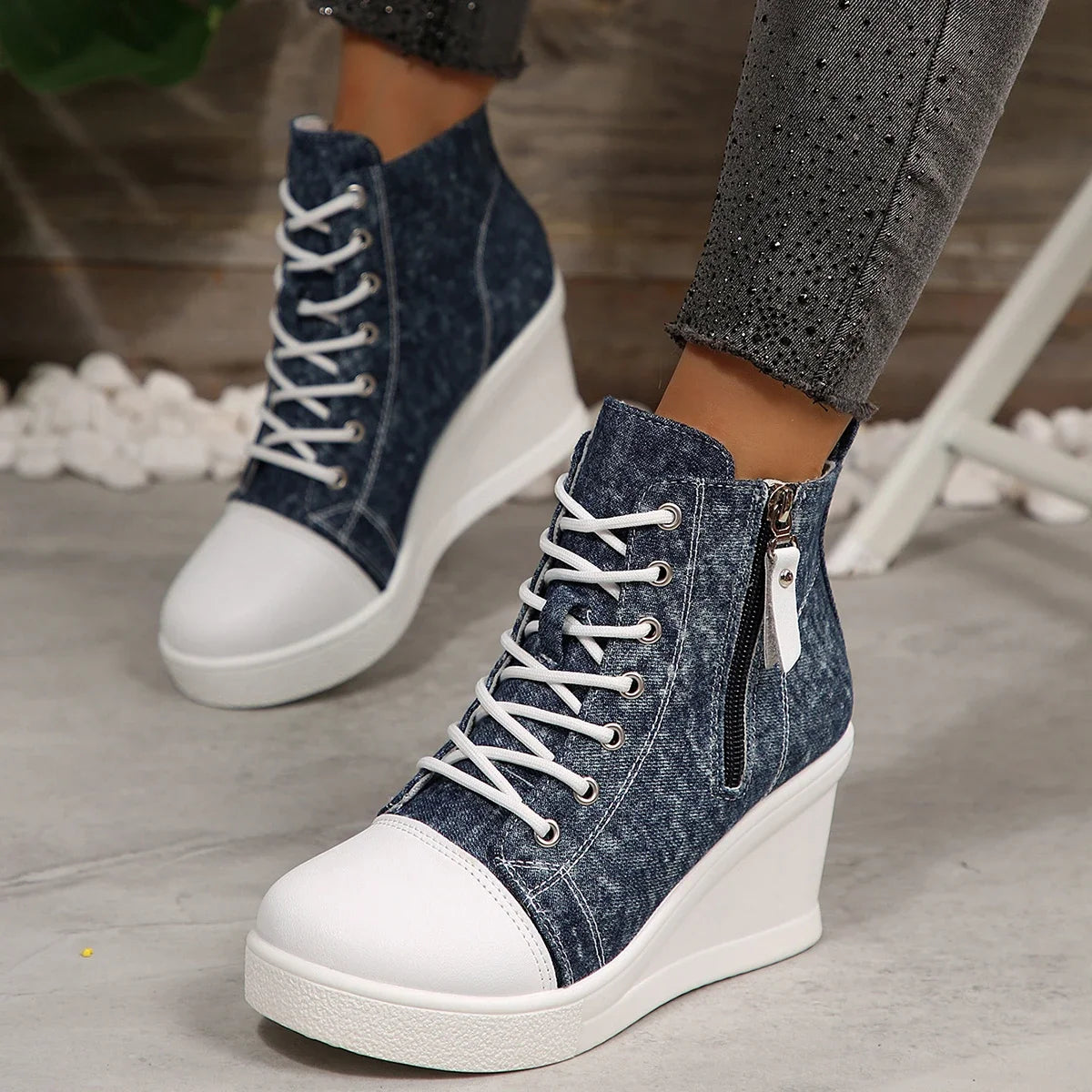 Women High Top Wedge Sneakers Blue Camouflage  Fashion Lightweight Lace Up Platform Ankle Sneakers