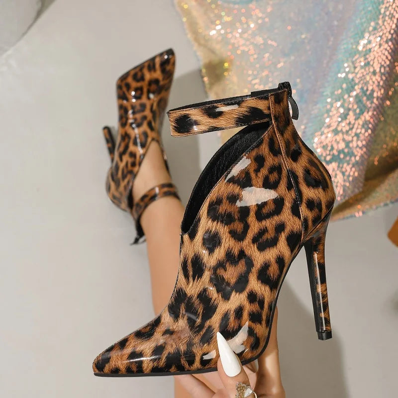 Women  Fashion Pointed Toe Zippers Pumps Designer Leopard Print Stiletto Heels Party Dress Shoes Zapatillas De Mujer