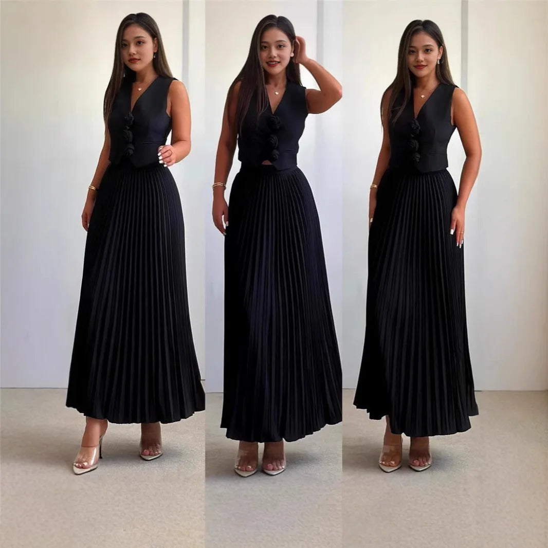 Women 2pcs Office Casual Clothes Set Sleeveless Button Tank Top Vest Solid Color & Long Pleated Skirt