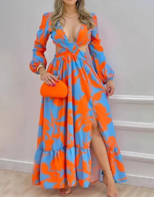 Ladies Spring Long Sleeved Cutout V-Neck Twist  Elegant Tie Dyed Floral Printed Lantern Sleeve Split Thigh Maxi Dress