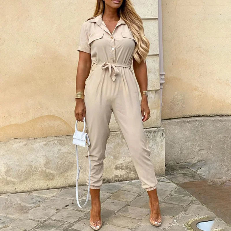 New Women jumpsuit casual workwear summer romper with print button up lapel waist belt slim fit onepiece
