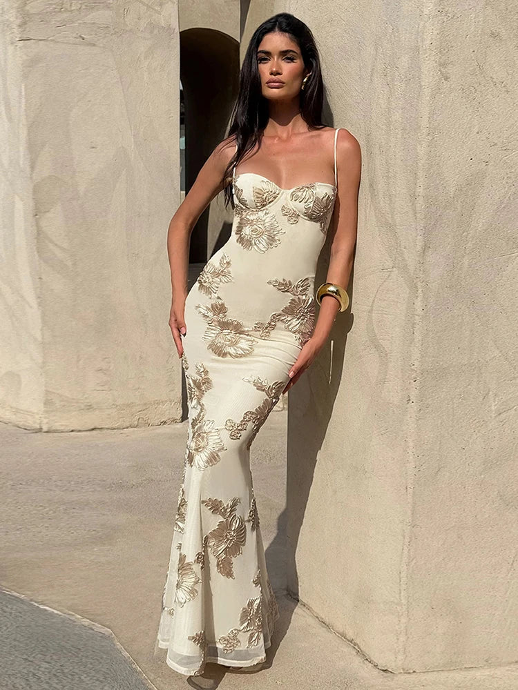 Women  Elegant Flower Embroidery Maxi Dress Low-Neck Cross Bandage Backless Summer Street Trend Skinny Holiday Vestidos