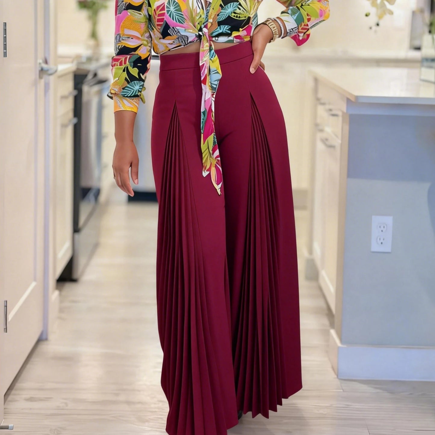Women Wine Elegant Pleated  High Waist Split Wide Leg Casual Fashion Loose Long Office Wear Straight Palazzo Pants