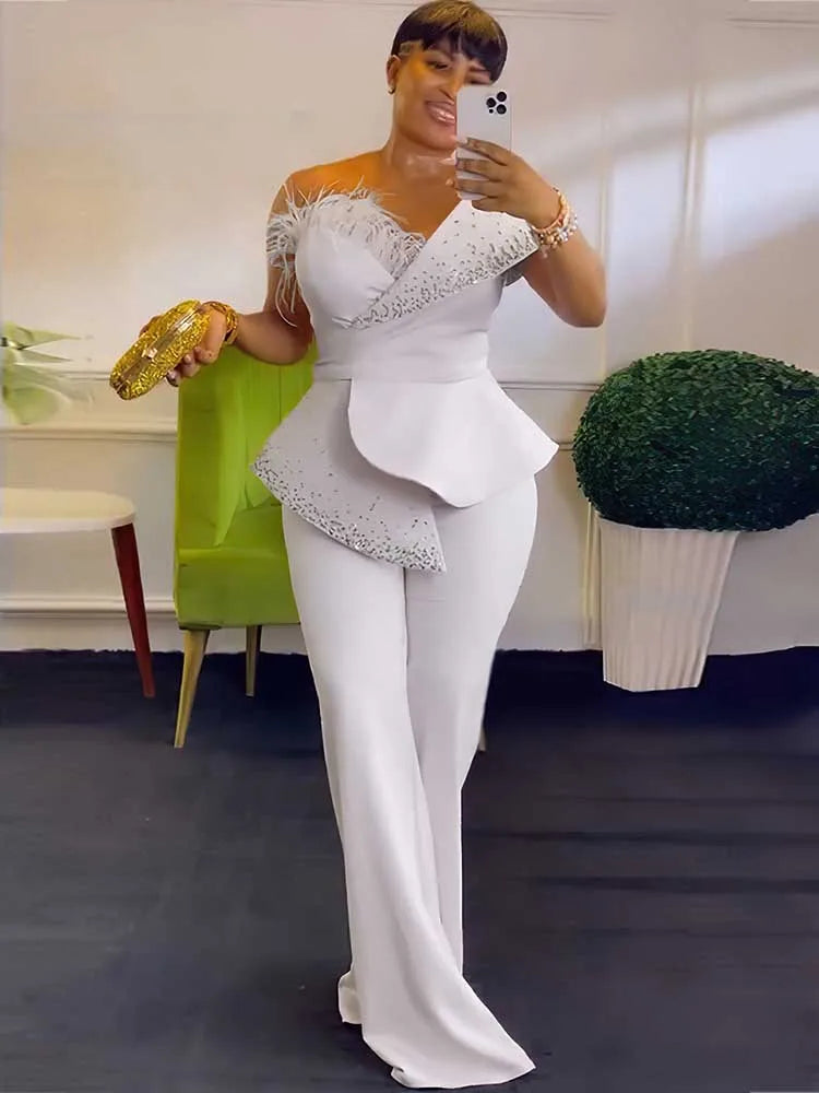 women High Waist Strapless Jumpsuit Rivet Collar Lady Evening and Party  Elegant Sexy Birthday Jumpsuit