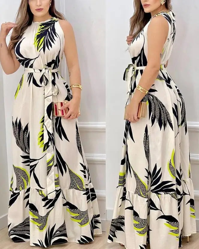 Women spring Fashion Leaf Print Sleeveless Casual O-Neck Maxi Daily Vacation Dress with Belt
