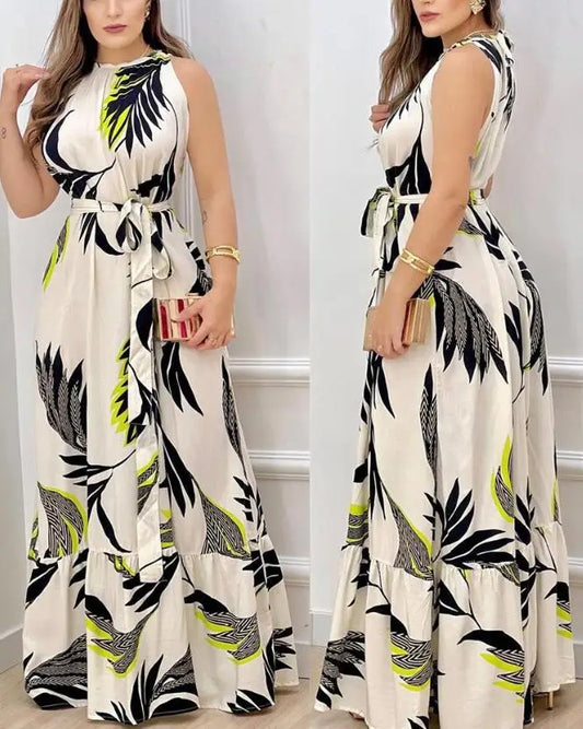 Women spring Fashion Leaf Print Sleeveless Casual O-Neck Maxi Daily Vacation Dress with Belt