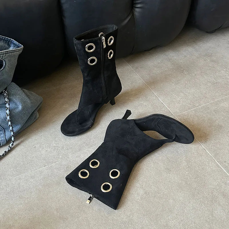 Women Summer Spring Fashion Hollow Metal Thin Heels Flip Flops Open Toe  Heel Sandals Boots Shoes