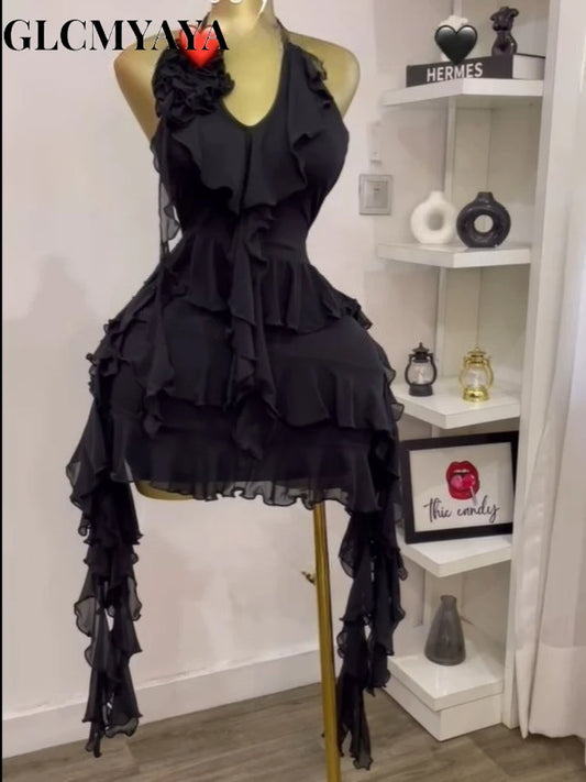 CM.YAYA Women Halter Neck Backless Tierred Ruffles Ball Gown Mini Dress 2025 Beach Holiday Party Birthday Street Sexy Dresses