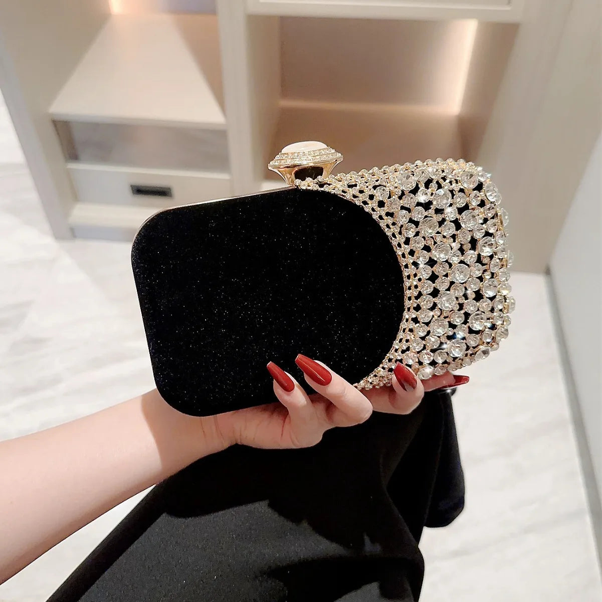 Women Hollow Design Evening Bags Velvet Glitter Fashion Ladies Wedding Party  Shoulder Chain Diamonds Handbags