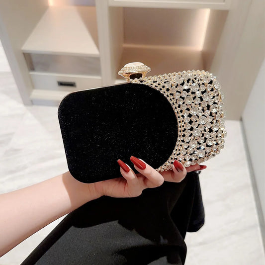 Women Hollow Design Evening Bags Velvet Glitter Fashion Ladies Wedding Party  Shoulder Chain Diamonds Handbags