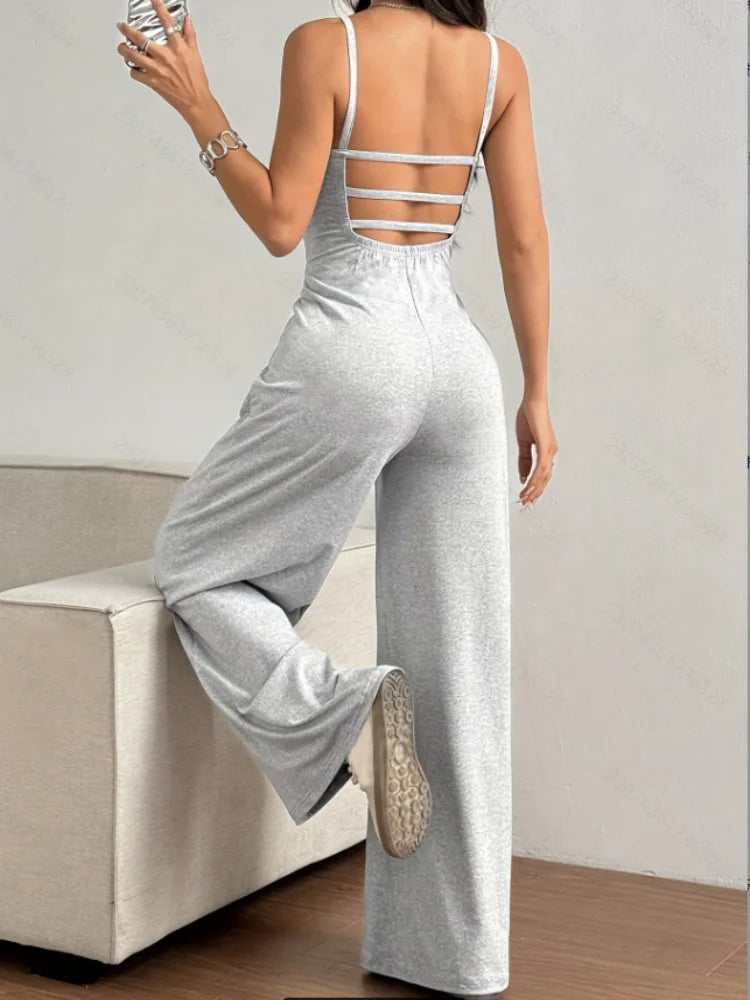 Women's casual halter jumpsuit spring and summer daily solid slim-fit backless sleeveless