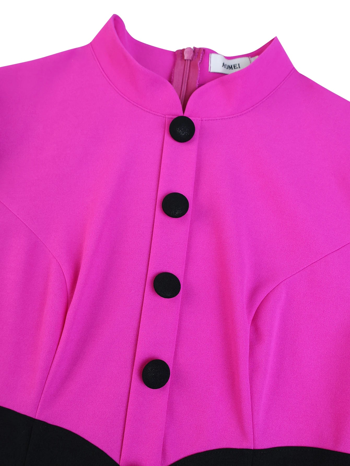 Women Elegant Mock Neck Long Lantern Sleeves Buttom Up Color Block Package Hip church Party Office Business dresses