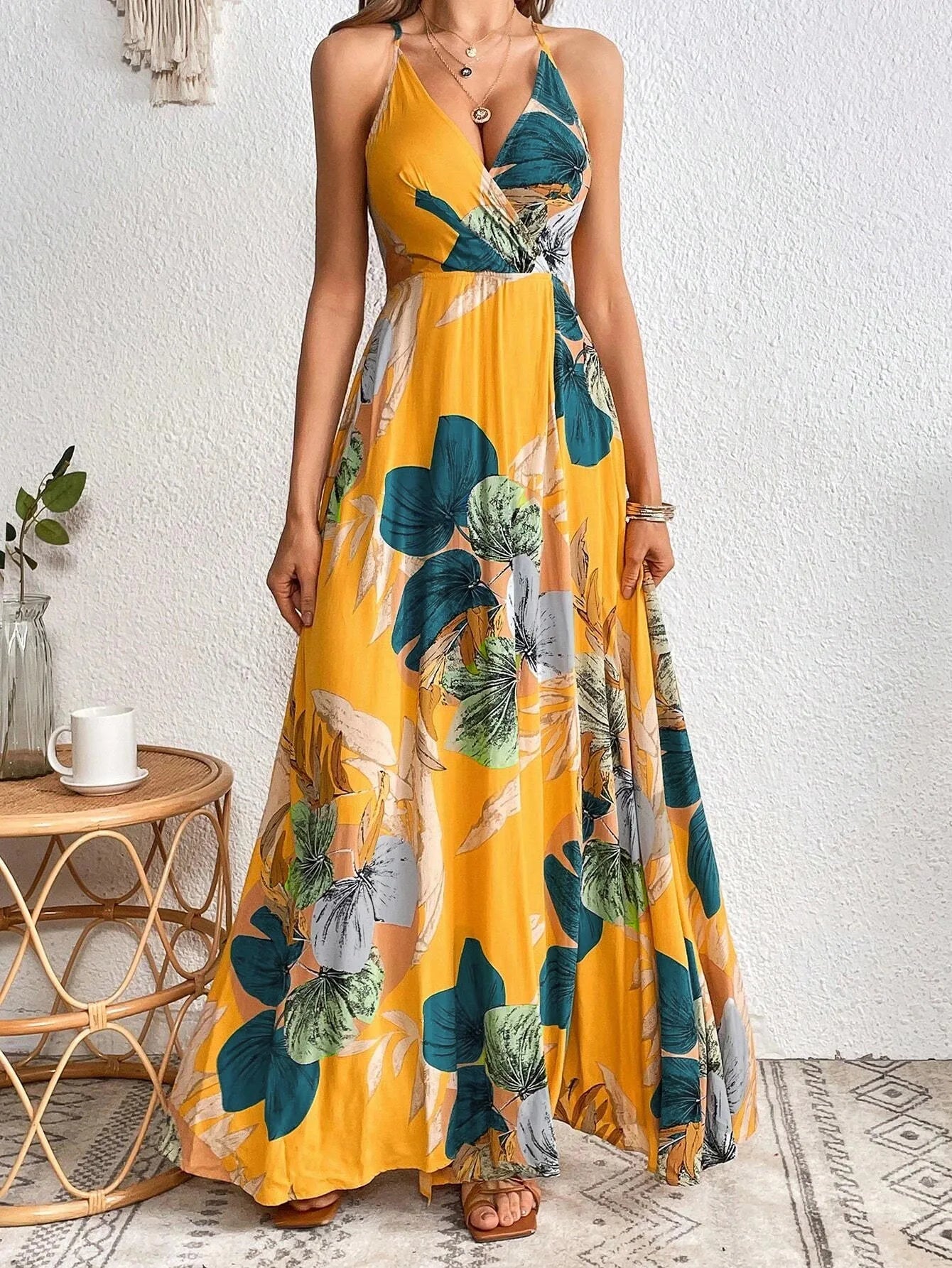 Women Tropical Print Thigh-High Slit Backless Spaghetti Strap Dress
