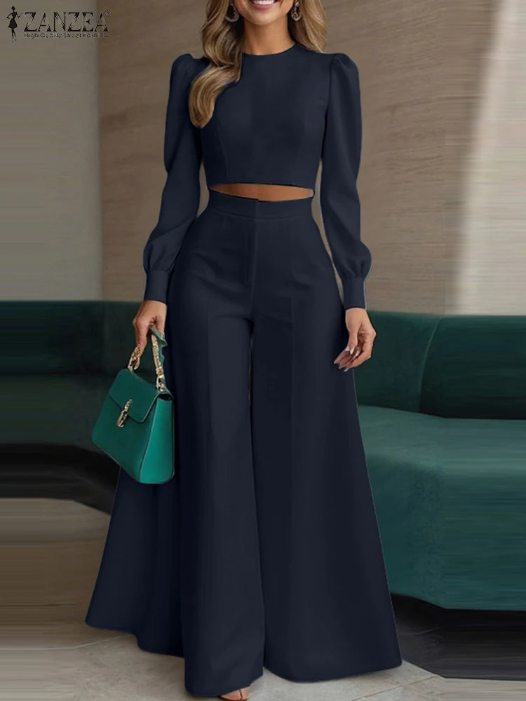 Women elegant Autumn ZANZEA Fashion 2PCS Tracksuits Long Sleeve Blouses Wide Leg Trousers