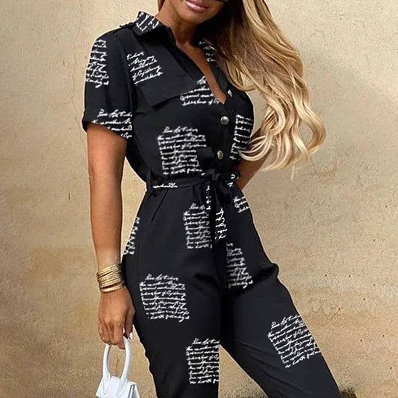 New Women jumpsuit casual workwear summer romper with print button up lapel waist belt slim fit onepiece