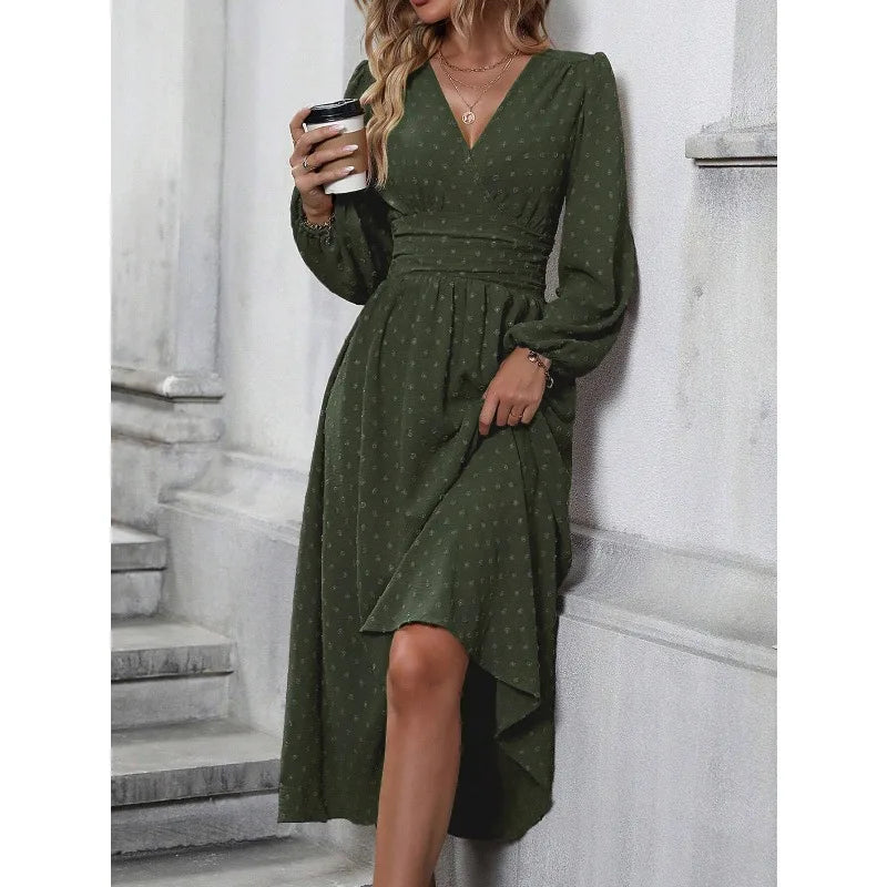 Woman Fall and Winter New Arrival: Off-Shoulder Lantern Sleeve Pleated Long Dress
