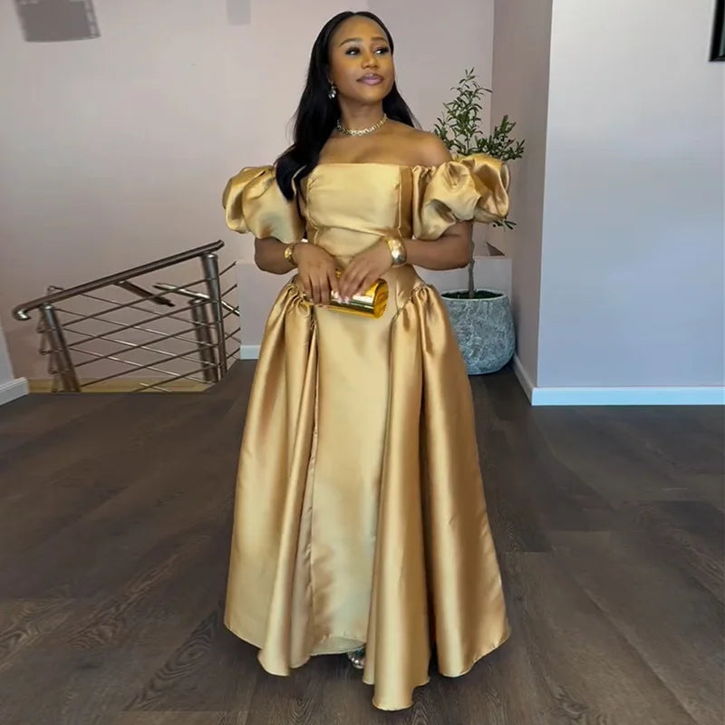 Women Elegant puff sleeve square collar gold solid pleated A-line evening party cocktail maxi Dresses