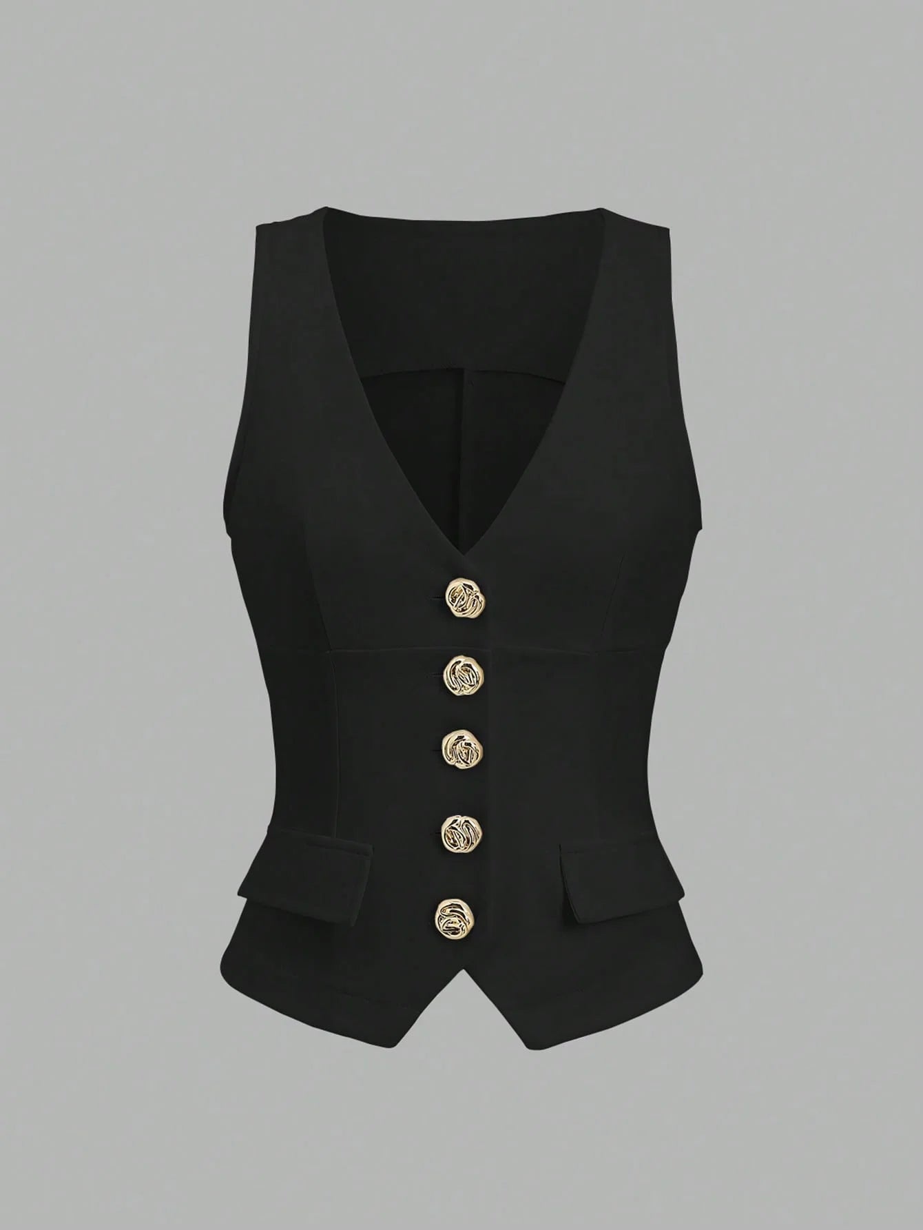 Women Metal Buckle Sleeveless Vest with Fake Pockets Blazer