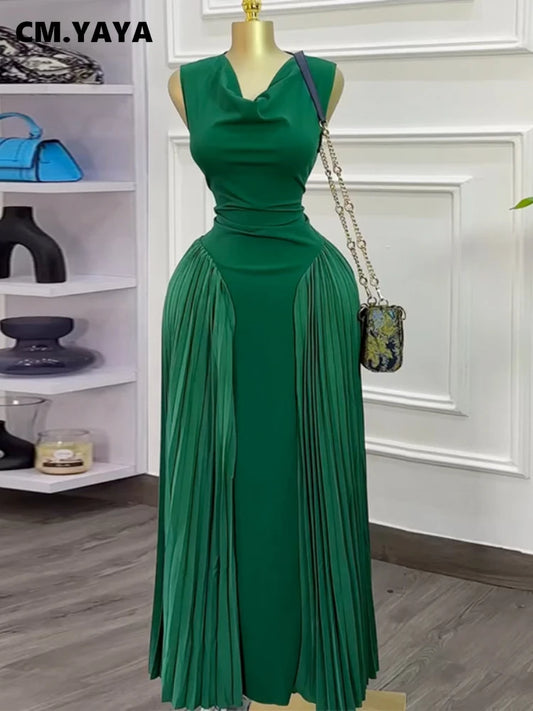 Women CM.YAYA  Summer Elegant Sleeveless Sweet V-Neck Floor-Length Long Dress Beach Party Evening Sexy Pleated Dresses