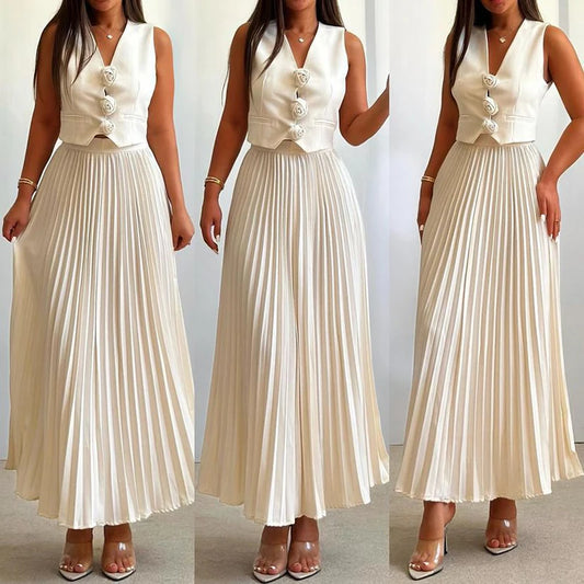 Women Sexy Sleeveless V Neck Vest Match Fold Skirt Suit Fashion Solid Color Commute 2 Piece Set Elegant Lady Formal Occasions Outfits