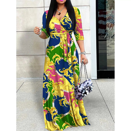 Women Elegant Long Dress with Belt Mid Sleeve V-Neck for Spring Summer Autumn Fashionable  Ankle-length Dress