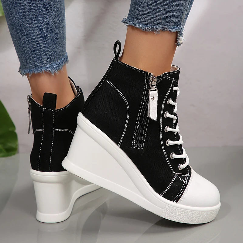 Women Black High Top Canvas Sneakers Shoes Zipper Lace Up Ankle Boots